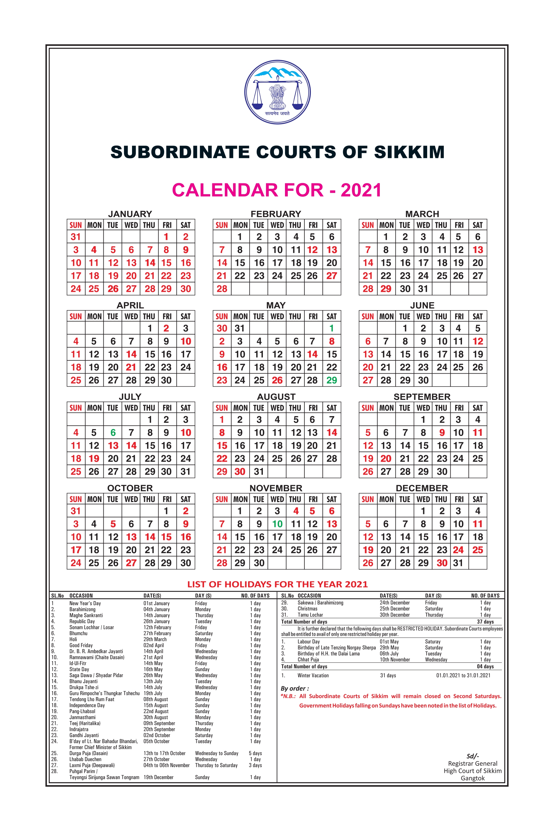 Subordinate Court Calendar 2021