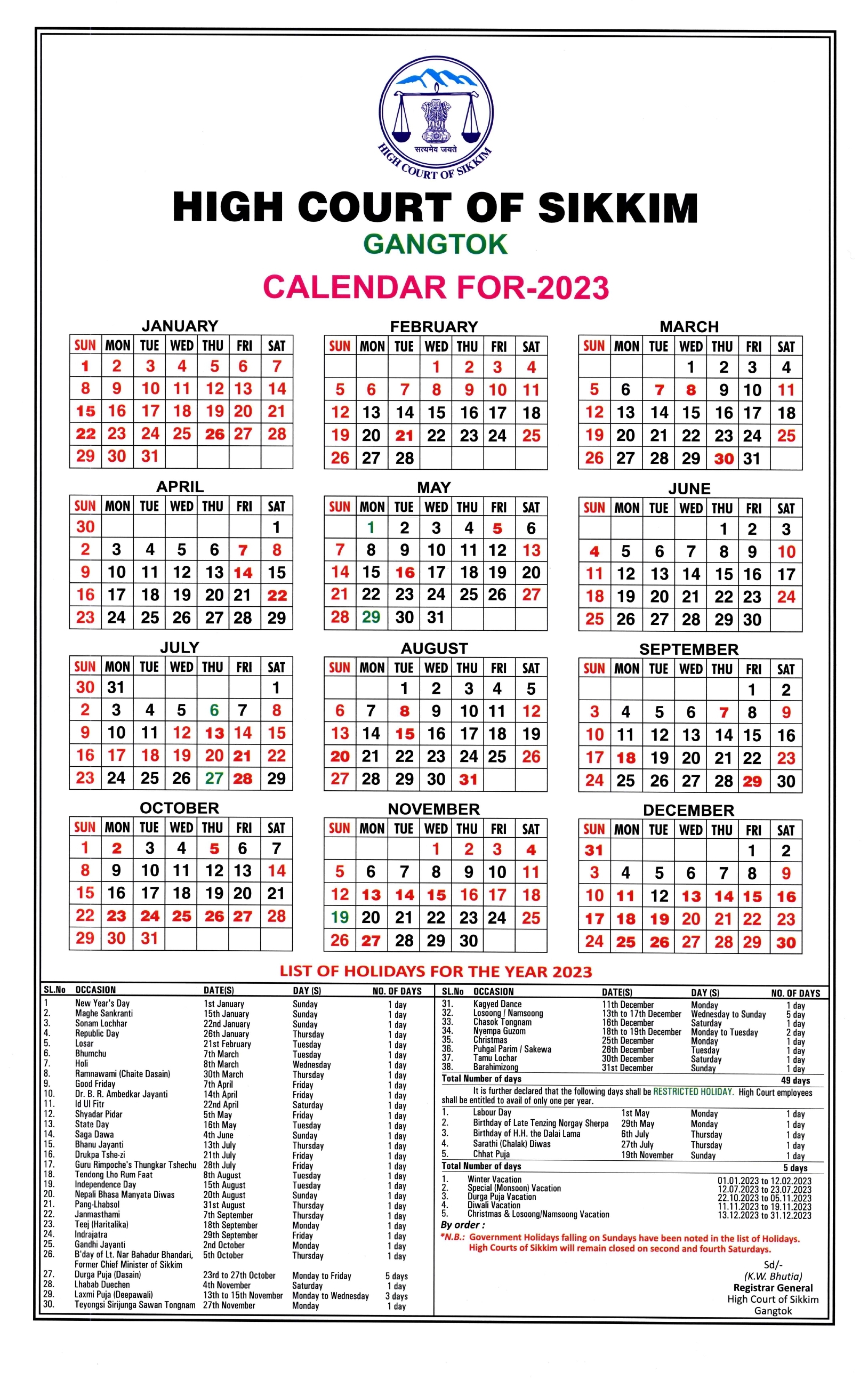 High Court Calendar 2021