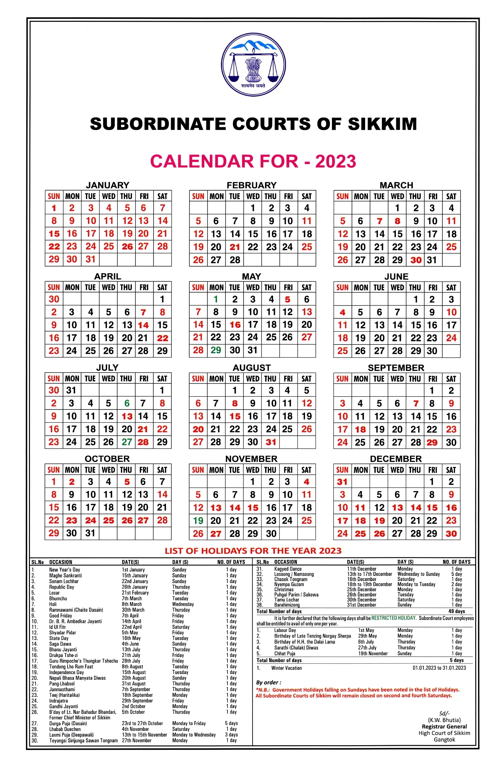 Calendar High Court Of Sikkim
